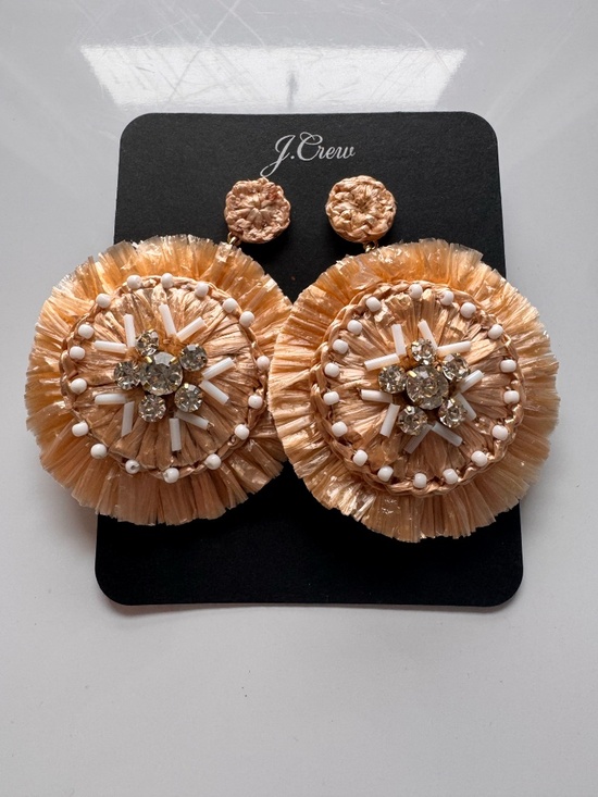 J.Crew Raffia Crystal Statement Earrings Natural Gold Boho Resort Large NWT - Picture 6 of 9
